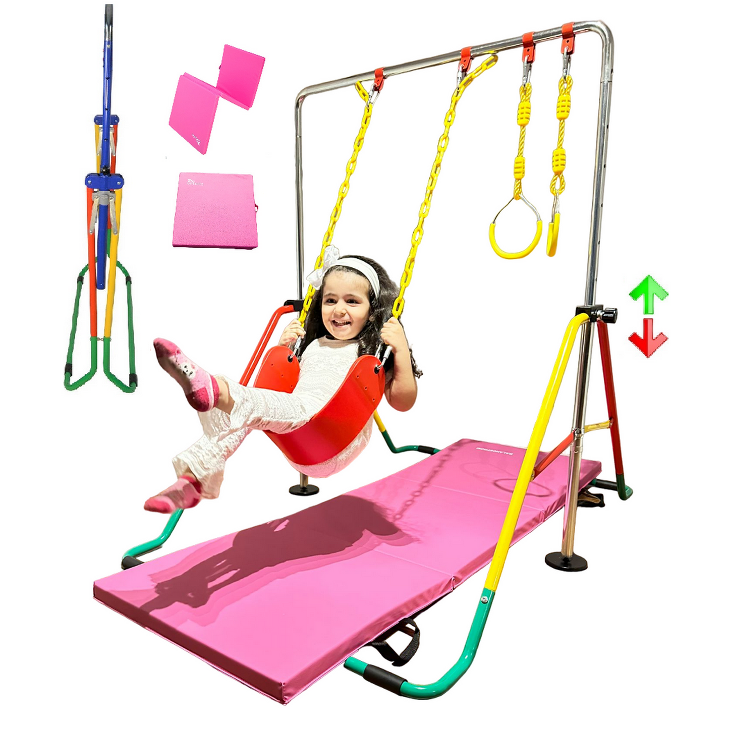 Gymnastics Training Bar for Kids Home Folding Expandable Kip Bar 5 in 1 Set + 6’x2’ Tumble Mat, Swing Seat, 2X Trapeze Rings, Horizontal Bar Junior Gymnastic Equipment Monkey Bars Jungle Gym Yellow