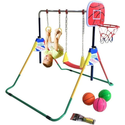 Iron Bar Kids Folding Gymnastics Training Kip Bar 5 in 1 Set with Swing, 2x Trapeze Rings, Basketball Hoop Expandable Horizontal Tumble Bar Adjustable Height Fitness Equipment Home Gymnastic Practice