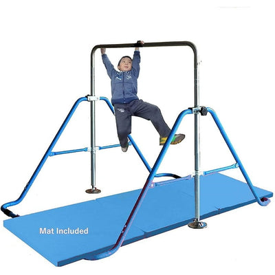 Iron Bar Gymnastics Training Bar for Kids with 6'x2' Tumble Mat | Adjustable Horizontal Kip Bar Home Gym Gymnastic Equipment | Jungle Gym Monkey Bar Playground for Junior Gymnastics Folding Bar (Blue)