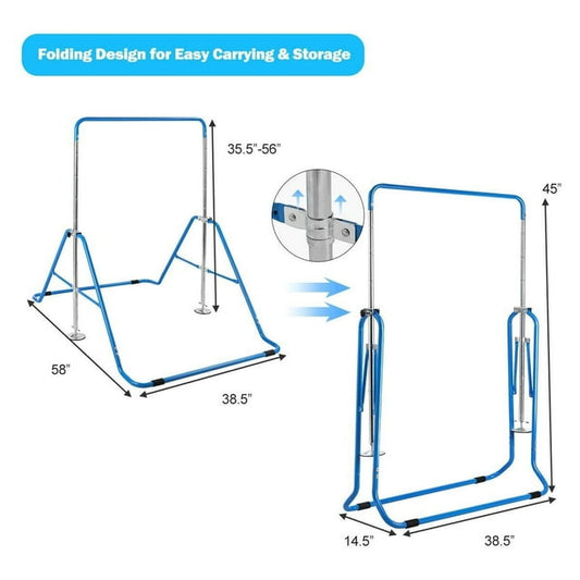 Foldable Blue Adjustable Gymnastics Bar for Kids - Parallel Bar Kip Bar
