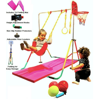 Gymnastics Training Kip Bar Kids Playground 6 in 1 Set with 6’x2’ Tumble Mat, Deluxe Swing, 2x Trapeze Rings, Basketball Hoop, Expandable Horizontal Gymnastic Bar Jungle Gym Adjustable Height Folding