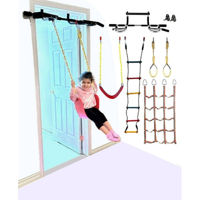 Iron Bar 6 Piece Kids Doorway Gym Deluxe Swing Set with Pull Up Bar Indoor Gym and Playground Set Combo for Children, Includes Accessories, Climbing Cargo Net, 2X Gymnastic Trapeze Rings, Rope Ladder