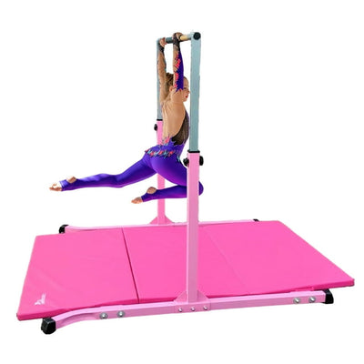 Iron Bar Gymnastic Bar Kip Bar for Kids with 6 FT x 4 FT Tumble Mat Set, Expandable Bar 3 FT to 5 FT, Adjustable Height Horizontal Bar Junior Gymnastics Bar Home Training Fitness Steel Equipment