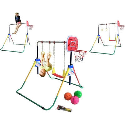 Kids Jungle 4-in-1 Climb & Swing Set Playground, Horizontal Bar, Trapeze Rings, Monkey Bars, Basketball Hoop w/ 3 Balls, Junior Training Bar, Foldable - Deluxe Child Gymnastics Playset