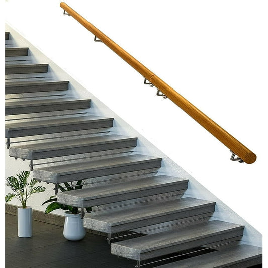 Non-Slip Wood Handrails 6 FT Long Solid Piece for Indoor Stairs, Professional Safety Handrail Complete Kit, Staircase Grab Bar Wall Support Bar for Elderly, Wall Mounted Corridor Loft Railings, Silver