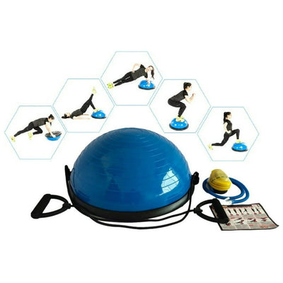 X Factor 23" Fitness Balance Yoga Ball Kit - Stability Half Exercise Ball with Air Pump, 2 Resistance Bands, Workout Chart - Strength Training (Blue)