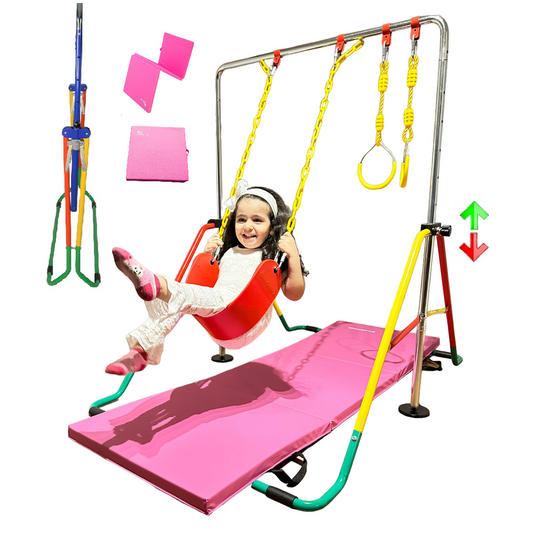 Gymnastics Training Bar for Kids Home Folding Expandable Kip Bar 5 in 1 Set + 6’x2’ Tumble Mat, Swing Seat, 2X Trapeze Rings, Horizontal Bar Junior Gymnastic Equipment Monkey Bars Jungle Gym Yellow