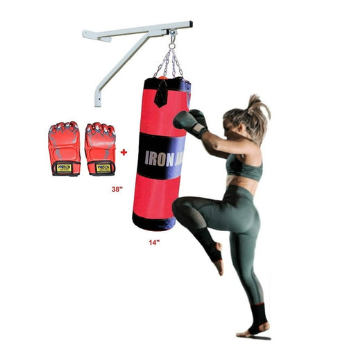 IRON BAR Heavy Bag Full Kit Boxing Punching Bag with Gloves Unfilled Sandbag for Boxing, MMA, Karate, Muay Thai, Kick Boxing, Martial Arts, Punching Training, Kicking - Hanging Chain w Bracket White