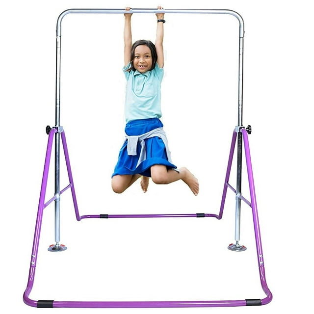 Iron Bar Gymnastics Bar for Kids, Height Adjustable Horizontal Kip Bar, Gymnastic Junior Training Bar, Monkey Bar Playground Home Gymnastic Equipment Folding and Expandable for Boys/Girls (Purple)