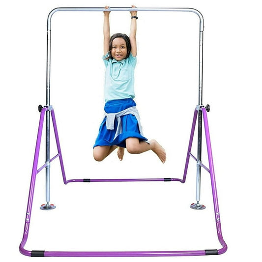 Iron Bar Gymnastics Bar for Kids, Height Adjustable Horizontal Kip Bar, Gymnastic Junior Training Bar, Monkey Bar Playground Home Gymnastic Equipment Folding and Expandable for Boys/Girls (Purple)