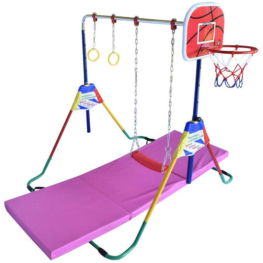 Adjustable Height Gymnastics Bar for Kids Kip Bar 6 in 1 Set, 6'x2' Gymnastic Tumble Mat, Swing Seat, 2 Trapeze Rings, Basketball Hoop, Home Junior Training Monkey Bars Fitness Balance Horizontal Bar